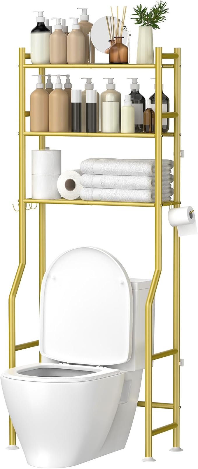 3-Tier Over The Toilet Storage, Space Saver Metal Bathroom Shelves, Freestanding Above Over Toilet Storage Shelf with 4 Hooks for Bathroom, Gold