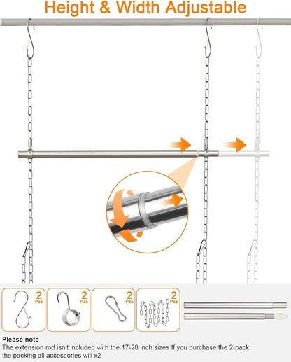 Hanging Closet Rod, Adjustable Width and Height Closet Rods Extender, 17-28inch Heavy-Duty Stainless Steel Bar, Space-Saving Closet Rod Hanging Clothes, 2Pack(Silver)