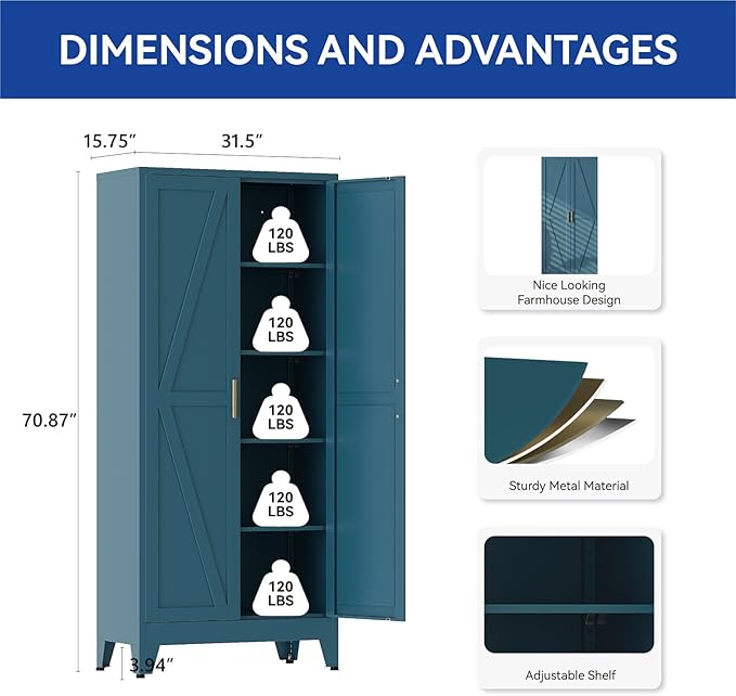 COFaR 71 in Tall Kitchen Pantry Cabinet, Metal Pantry Storage Cabinet with 4 Adjustable Shelves and 2 Barn Doors, Freestanding Farmhouse Food Cupboard for Dining Room, Peacock Blue 5-Tier