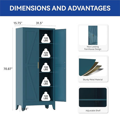 COFaR 71 in Tall Kitchen Pantry Cabinet, Metal Pantry Storage Cabinet with 4 Adjustable Shelves and 2 Barn Doors, Freestanding Farmhouse Food Cupboard for Dining Room, Peacock Blue 5-Tier