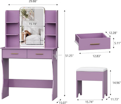 Small Vanity Desk with Mirror and Lights, Makeup Vanity with LED Lights, Purple Vanity Mirror with Lighted Desk and Chair, 3 Lighting Adjustable Compact Dressing Table with Mirror for Women, Girls