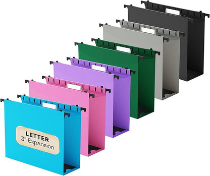 NORDUN Extra Capacity Plastic Hanging File Folder Letter Size,Heavy Duty 3 inch Expansion,12 Pack Reinforced Hang Folders with Tabs,Durable Hanging Organizer for Bulky File,File Cabinet Folder,Colored