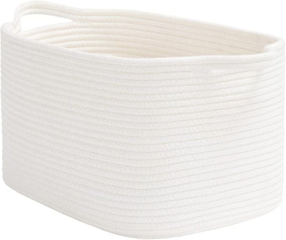 Goodpick White Woven Rope Basket with Handles, Medium Rectangle Basket for Books, Toys, Towels, Square Decorative Baskets for Living Room, Nursery, Shelf Baskets for Bedroom, 13" x 10" x 9"