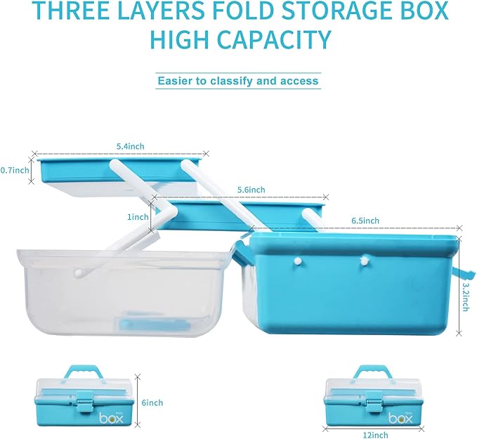 TERGOO 12in 3-Layer Plastic Craft Organizers and Storage, Portable Folding Tackle Box with Handle & Adjustable Dividers, Multipurpose Case for Sewing, Art Supplies, Medicine, Tools (Blue)