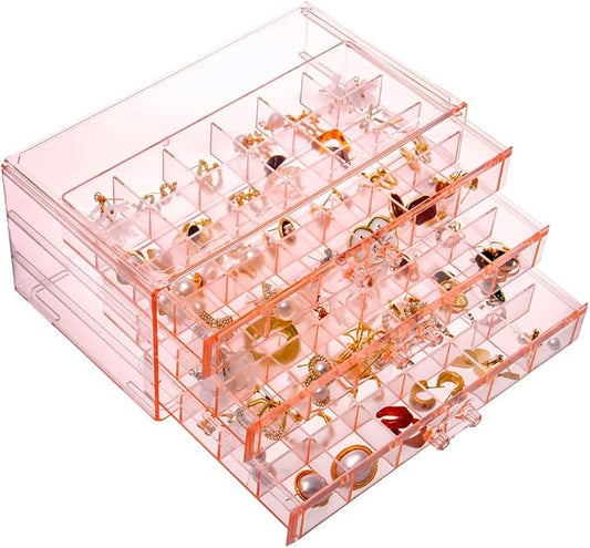 YUFONG Earring Storage Box Organizer 3 Drawers Acrylic Jewelry Storage Box Holder Transparent Jewelry Display Stand with 72 Small Compartments Gift for Women Girls (Clear Pink)