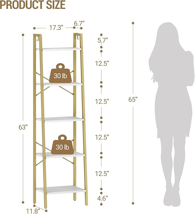 Ladder Shelf, Bookshelf Bookcase, Freestanding Corner Storage Shelve with 2 Hooks for Home Office, Living Room, Kitchen, Bedroom, Industrial, 11.8" D x 17.3" W x 63" H, White Gold BC19213G