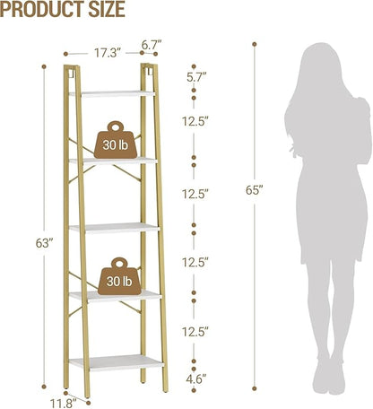 Ladder Shelf, Bookshelf Bookcase, Freestanding Corner Storage Shelve with 2 Hooks for Home Office, Living Room, Kitchen, Bedroom, Industrial, 11.8" D x 17.3" W x 63" H, White Gold BC19213G