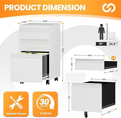 3 Drawer Mobile File Cabinet with Lock, Rolling File Cabinets for Home Office, Under Desk Small File Caninet on wheels, Metal Vertical White Filing Cabnet for Legal/Letter/A4 - Assembly Required