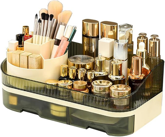 Makeup Organizer with Dual Drawers - Large Capacity Countertop Cosmetic Storage for Skincare Vanity Bathroom