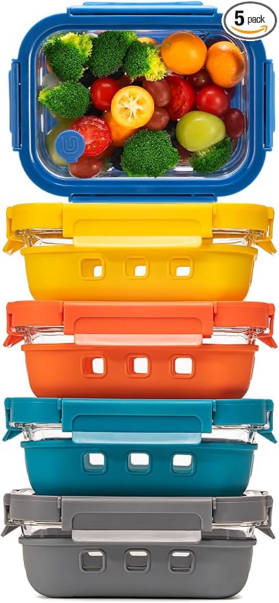 GENICOOK Glass Meal Prep Containers with Glass Lids, 5 Pack 22 oz Airtight Food Storage Containers with Silicone Sleeves, BPA-Free Borosilicate Glass, Microwave Freezer Safe