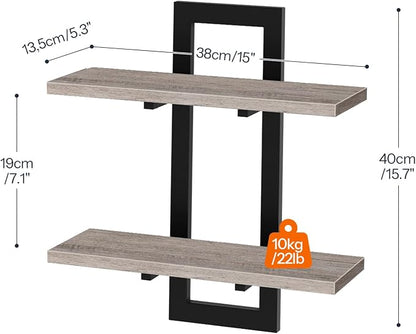 HOOBRO Floating Shelves, 15 Inch Wall Shelf Set of 4, Wall Mounted Storage Shelves 2-Tier, Hanging Bathroom Shelves, for Living Room, Bedroom, Bathroom, Kitchen, Greige and Black BG32BJP401