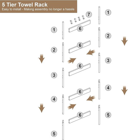 Blanket Ladder, 5-Tier Towel Holder with 4 Removable Hooks, Farmhouse Wall Leaning Decorative Rack Shelf, Wooden Towel Display Rack, Quilt Ladder for Living Room, Bedroom, Greige