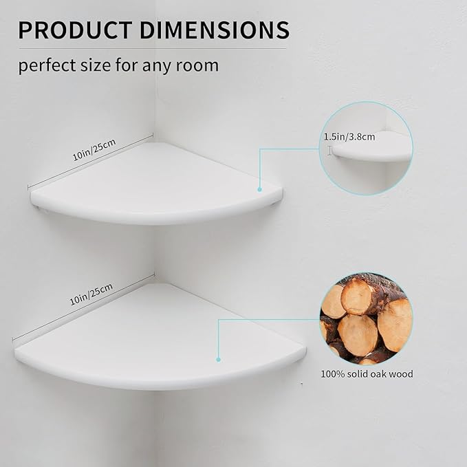 Conamily Corner Shelves, Floating Corner Shelf, Set of 2 Solid Oak Wood Wall Shelves, Round End Wall Mount with Wire Hole Shelving for Small Plant for Bedroom Kitchen, Living Room White