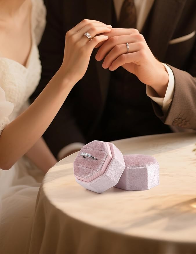 Velvet Ring Box, 3 Slots Wedding Ring Box, Vintage Octagon Premium Jewelry Display Holder Gift Box with Detachable Lid for Engagement Wedding Box Keepsake Box Bridal Photo