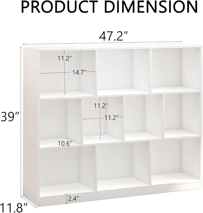Wooden 10 Cube Book Shelf with Base,3 Tier Freestanding Horizontal Bookshelf, Open Bookcase Cube Shelf Storage Organizer for Bedroom, Living Room, Office, Study Room, White