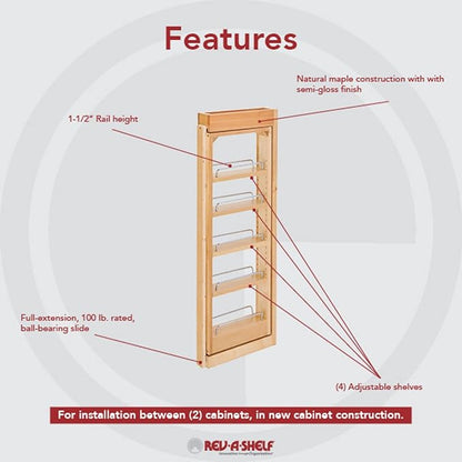 Rev-A-Shelf 3" W x 33" H Pull Out Quad Shelf Organizer for Wall & Base Kitchen Cabinets, Full Extension Filler Spice Rack, Adjustable, Wood, 432-WF33-3C
