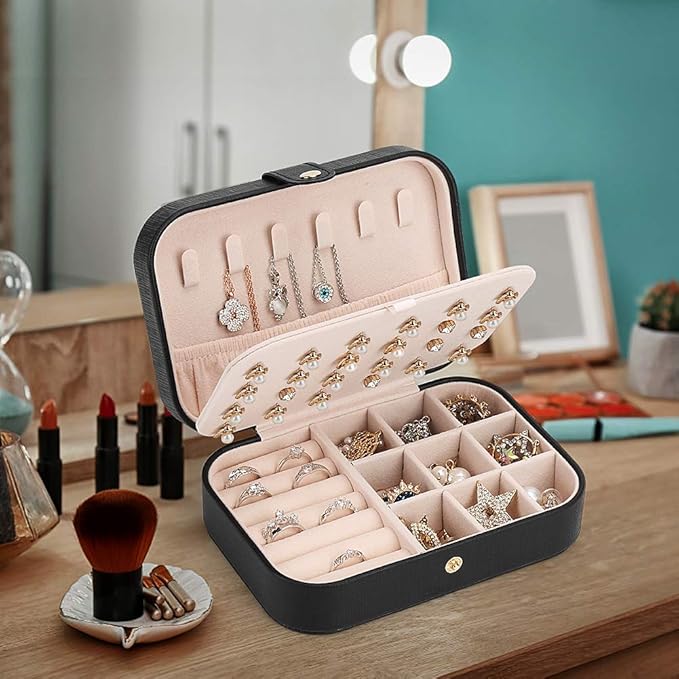 Small Jewelry Box Necklace Ring Storage Organizer Mini Jewelry case Double Layer Travel Jewelry Organizer for Women Girls Gift/Black