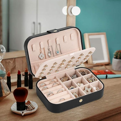 Small Jewelry Box Necklace Ring Storage Organizer Mini Jewelry case Double Layer Travel Jewelry Organizer for Women Girls Gift/Black