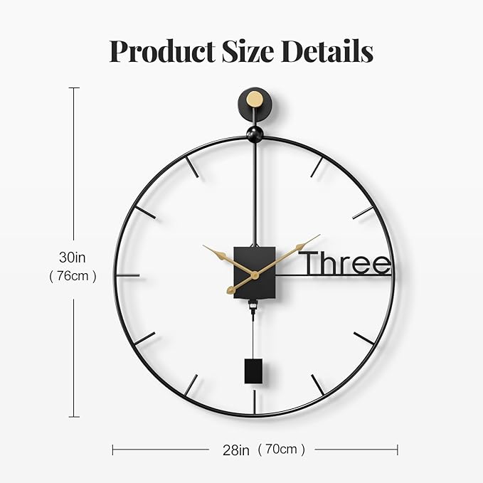 30 inch Large Wall Clocks Battery Operated Wall Clock with Pendulum, Silent Non-Ticking Metal Clock for Living Room Decor, Modern Decorative Hanging Clock for Bedroom, Office, Kitchen, Home
