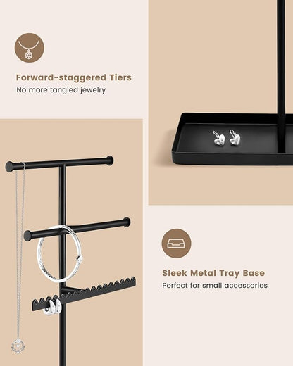 Lolalet 3-Tier Jewelry Organizer Stand, Metal Jewellery Holder, Dresser Display Rack for Necklace Earring Bracelets Rings, Gift for Women Girls -Black