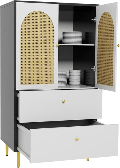 Sideboard with 2 Rattan Doors and 3 Drawers, Buffet with Adjustable Shelf for Kitchen, Living Room