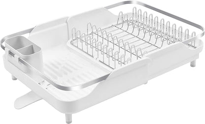 Better Houseware Expandable Dish Drying Rack - Space-Saving Stainless Steel Dish Racks for Kitchen Counter with drainboard and Detachable Cutlery Holder, Large, White
