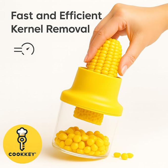 Corn Stripper & Peeler Tool with Built-In Bowl – Safe Non-Slip Handle, Fast Corn Kernel Cutter & Cob Remover, Multi-Purpose Grater for Corn, Ginger & Vegetables (Yellow) - COOKKEY