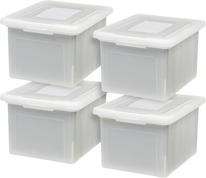 IRIS USA File Box, Plastic File Organizer with Lids for Letter/Legal File, Portable Document Box For Moving, Storage Bin with Durable and Secure Lid, Stackable Nestable BPA-Free, Pearl 35 Qt. 8 Pack