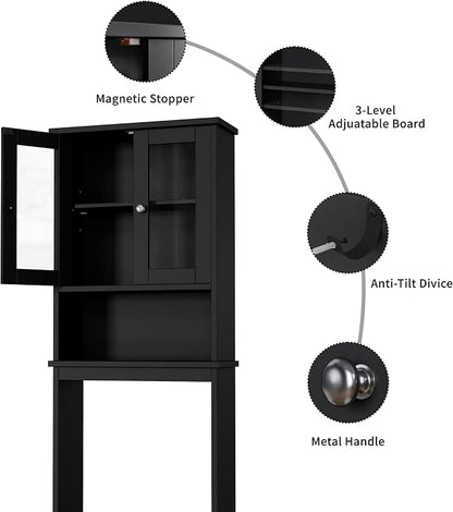Shintenchi Over The Toilet Storage Cabinet, Bathroom Shelf Organizer with Anti-Tip Device Small Freestanding Space Saver with Adjustable Shelf and Glass Door, Black