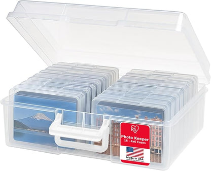 IRIS USA 4" x 6" Photo Storage Box Craft Keeper, Transparent Handle Container with 16 Organization Holder Cases for Pictures, Tasks, Scrapbooking, Ephemera, Stationery Storage, Clear