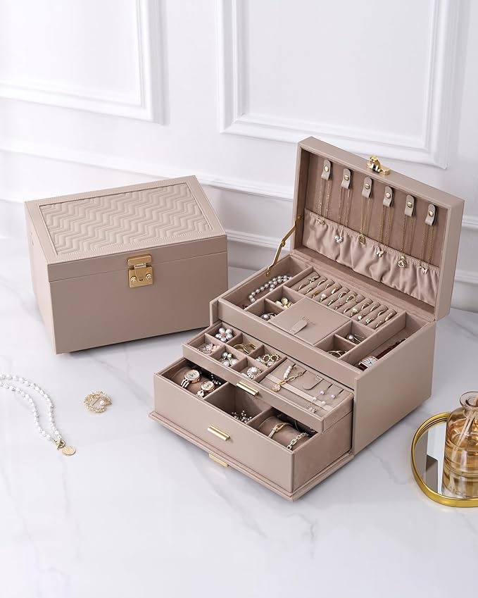 3-Tier Jewelry Box, Jewelry Organizer Box with 2 Drawers, Large Storage Capacity for Necklace Bracelets Earrings Rings, Lockable, Christmas Gift for Women, Light Taupe