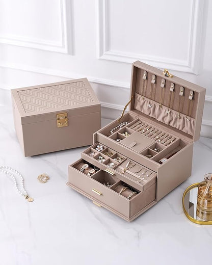 3-Tier Jewelry Box, Jewelry Organizer Box with 2 Drawers, Large Storage Capacity for Necklace Bracelets Earrings Rings, Lockable, Christmas Gift for Women, Light Taupe