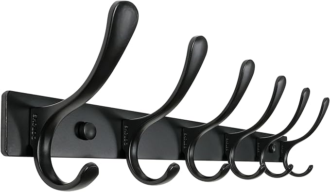 SKOLOO Coat Rack Wall Mounted - 6 Hooks, Heavy Duty, Stainless Steel, Metal Wall Hanger, Sturdy Coat Hooks for Hanging Coats, Jacket, Clothes, Hats - Black
