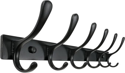 SKOLOO Coat Rack Wall Mounted - 6 Hooks, Heavy Duty, Stainless Steel, Metal Wall Hanger, Sturdy Coat Hooks for Hanging Coats, Jacket, Clothes, Hats - Black
