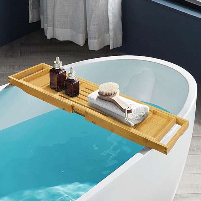 BFTOU Bamboo Bathtub Tray Expandable Bath Table Tray Bathtub Caddy for Relaxing SPA Bathroom Accessories for House Warming Shower