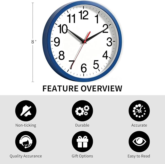 Rohioue Wall Clock Modern 8 Inch Battery Operated Silent Non Ticking Small Analog Clock Decorative for Bedroom Kitchen Bathroom Office Home (Blue)