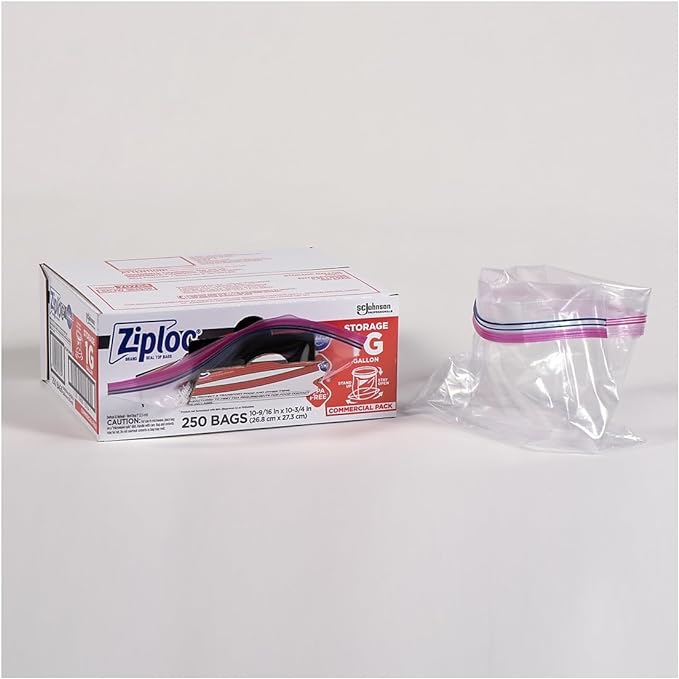 SC Johnson Professional Ziploc Storage Bags with New Grip 'n Seal Technology, For Food Organization and Storage, Double Zipper, Gallon, 250 Count