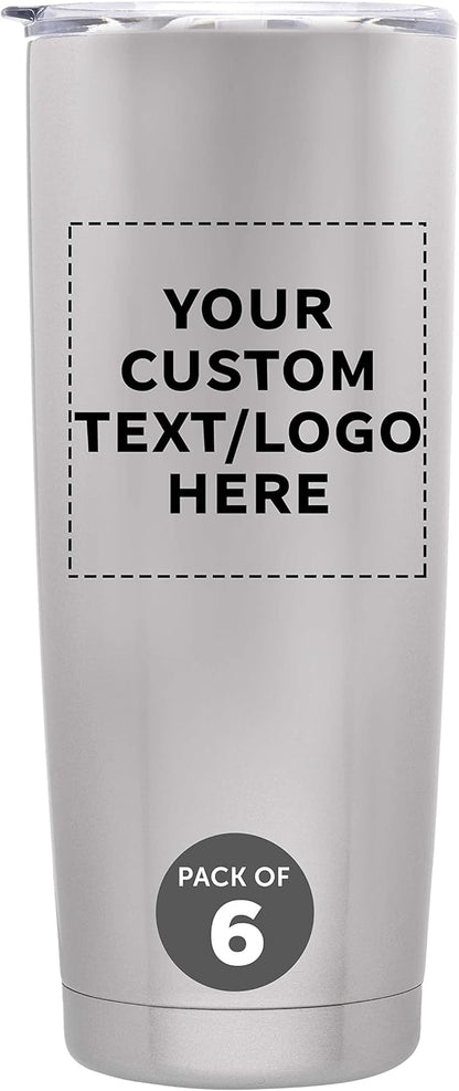 Custom Pipette Stainless Steel Coffee Tumblers 20 oz. Set of 6, Personalized Bulk Pack - Double Wall, Perfect for Coffee, Hot Cocoa, Other Hot & Cold Beverages - Silver