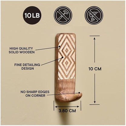 Indian Shelf Boho Decorative Wood Adhesive Wall Hooks for Hanging Coats, Keys, Leash, Hat, Towel Holder, Cute Sticky Key Holder, Brown & White Western Wall Décor (12 Hooks 24 Strip)