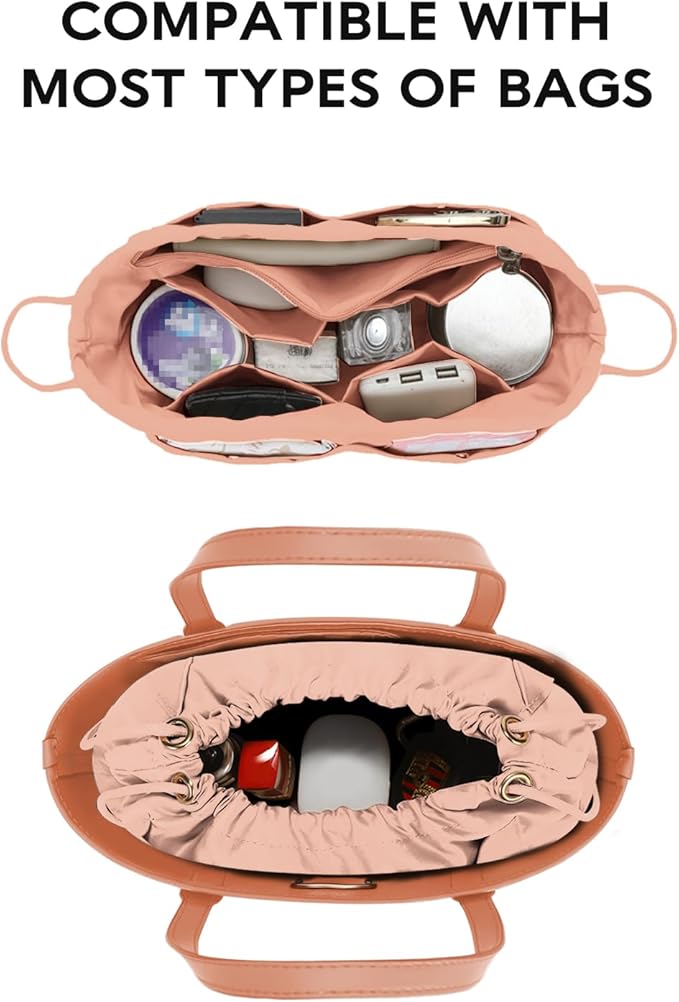 GIVLEFLY Purse Organizer Insert with Multiple Pockets, Drawstring Satin Tote Bag Organizer, Small Light Weight Purse Liner with Zipper Pocket (Small,Pink) Fit for City23 Carryall BB and More