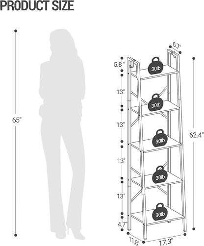 Ladder Shelf, Bookshelf Bookcase, Freestanding Corner Storage Shelve with 2 Hooks for Home Office, Living Room, Kitchen, Bedroom, Industrial, 11.8" D x 17.3" W x 63" H, White BC19213W