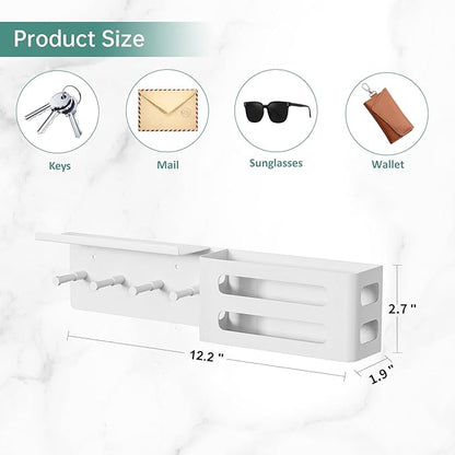 Key and Mail Holder for Wall, Key Hooks Rack Hanger Organizer Wall Mount with Small Shelf, Men Metal Entryway Living Room Storage Decor for Coat Purse Bag Wallet Dog Leash, Black
