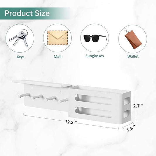Key and Mail Holder for Wall, Key Hooks Rack Hanger Organizer Wall Mount with Small Shelf, Men Metal Entryway Living Room Storage Decor for Coat Purse Bag Wallet Dog Leash, Black