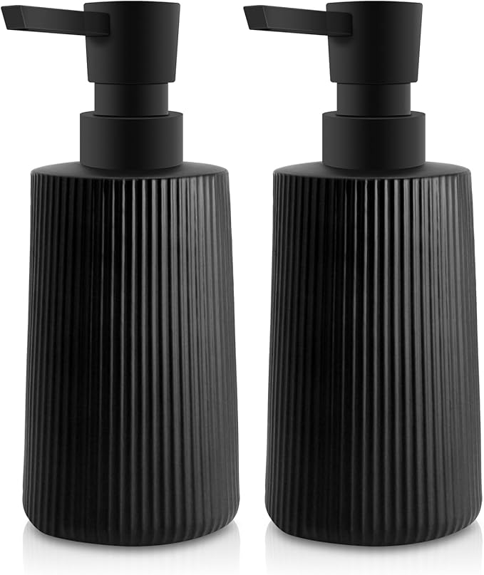 2 Pack Glass Small Soap Dispenser for Bathroom and Kitchen 250ml/8.5oz Dish Soap Dispenser Modern Farmhouse Striped Style Hand Soap Dish Soap Dispenser with Pump (Black)
