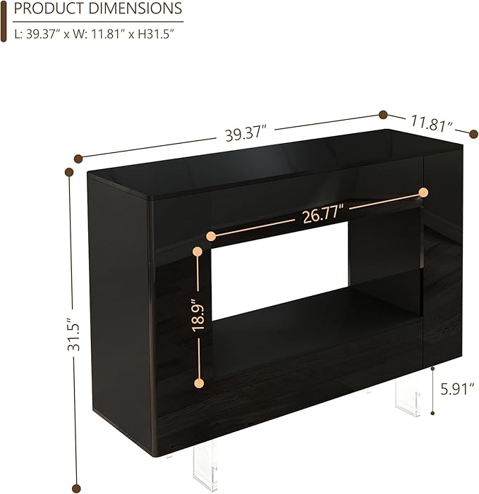 High Gloss Console Table with Hidden Side Storage Cabinets, Adjustable Shelves, Modern Black Entryway Sofa Table for Behind The Couch, Living Room, Hallway, Black