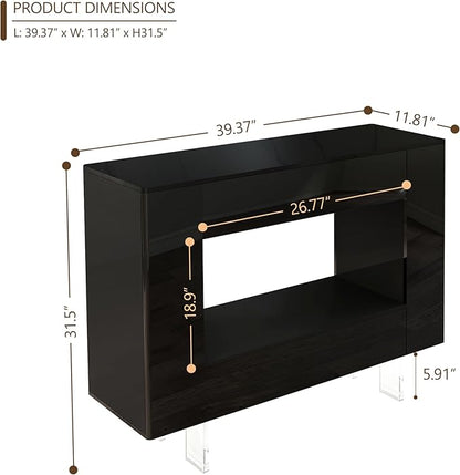 High Gloss Console Table with Hidden Side Storage Cabinets, Adjustable Shelves, Modern Black Entryway Sofa Table for Behind The Couch, Living Room, Hallway, Black