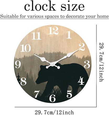 XFM Cabin Bear Wall Clock 12 Inch Silent Non Ticking Wooden Wall Clocks Battery Operated Forest Wildlife Mountain Lodge Round Clock Rustic Farmhouse Wall Clock