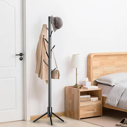 Wooden Coat Rack Stand, Freestanding Coat Rack with 8 Hooks, 3 Adjustable Size Coat Tree for Hats, Coats, Scarves bags, Coat Hanger Stand Used in Bedroom/Office/Entryway,2 PCS (Black)