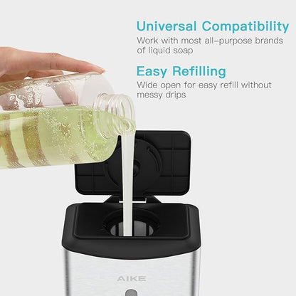 AIKE Automatic Soap Dispenser Commercial Wall Mounted Liquid Dispenser Brushed Stainless Steel Finish 1100ml Large Capacity
