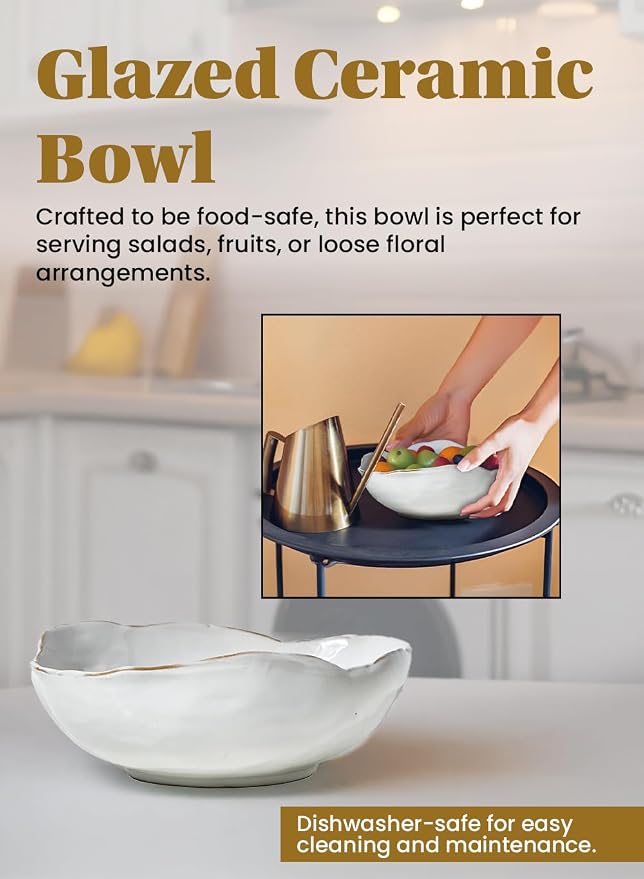 Serene Spaces Living Medium Free-Form Edge Glazed Ceramic Bowl – Stylish Fruit Bowl, Dinnerware, and Decorative Centerpiece for Vintage Weddings and Events, 10.5" Long, 8.5" Wide and 3.5" Tall